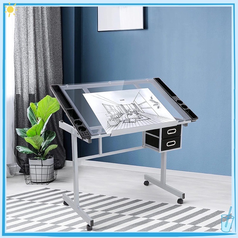 Drafting glass table drafting table with extra side table drawers and 2 ...