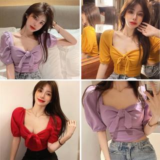 Vampire High Quality Gingham Bow Ribbon Puff Sleeve Crop Top Fashionable Tops for Womens  6a0075