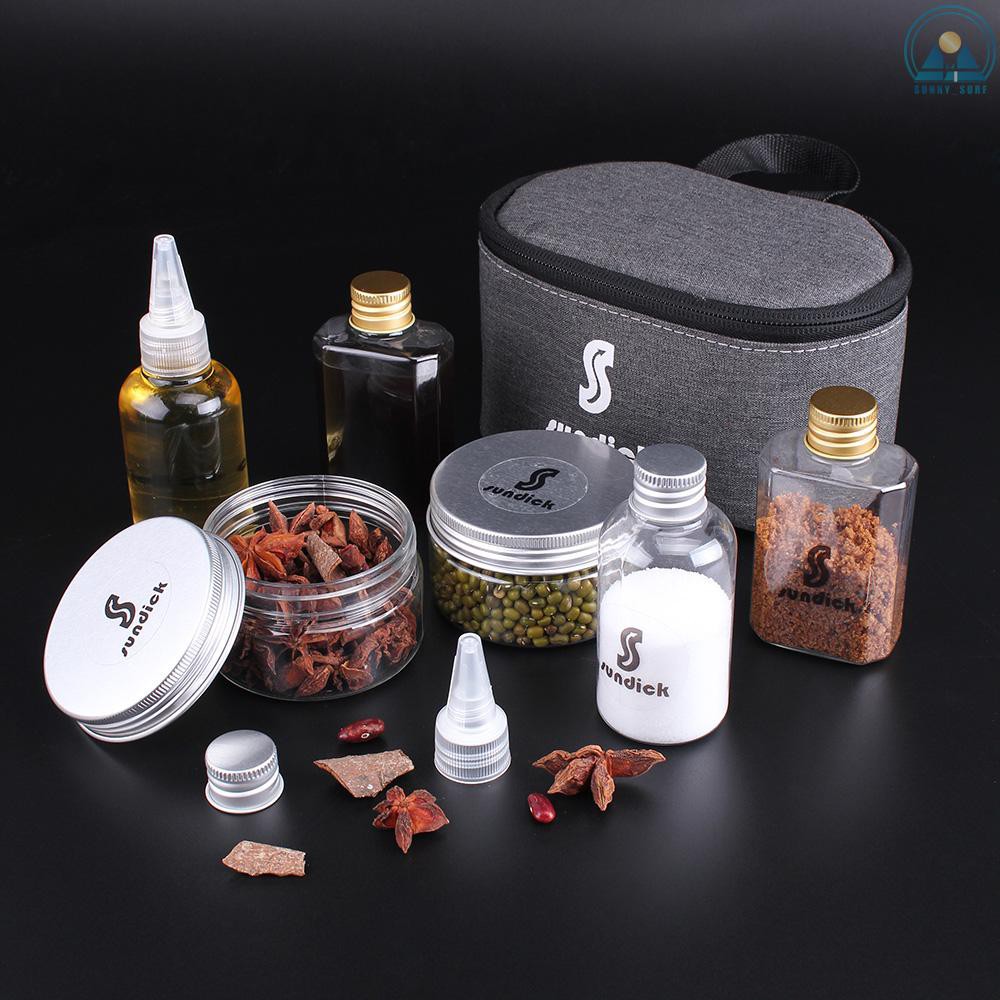 S-S 7 PCS Spice Cruets Set Travel Size Salt Bottle BBQ Sauce Container Anise Bottle Storage Bag Set for Camping Hiking BBQ Self-driving Traveling