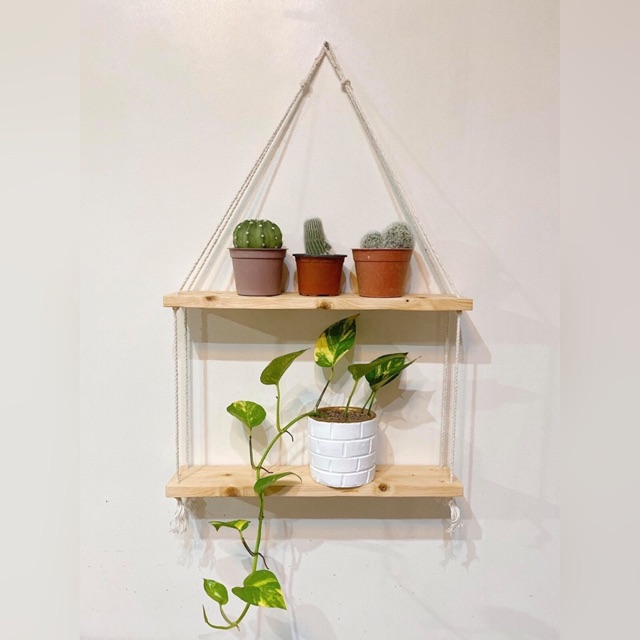 Two-layers Wooden Wall Hanging Shelf Pot Rack, Plant ...