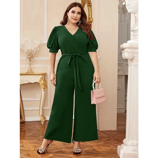 A2750 Uyua V-neck Puff Sleeve Self Belt Solid Plus Size Jumpsuit