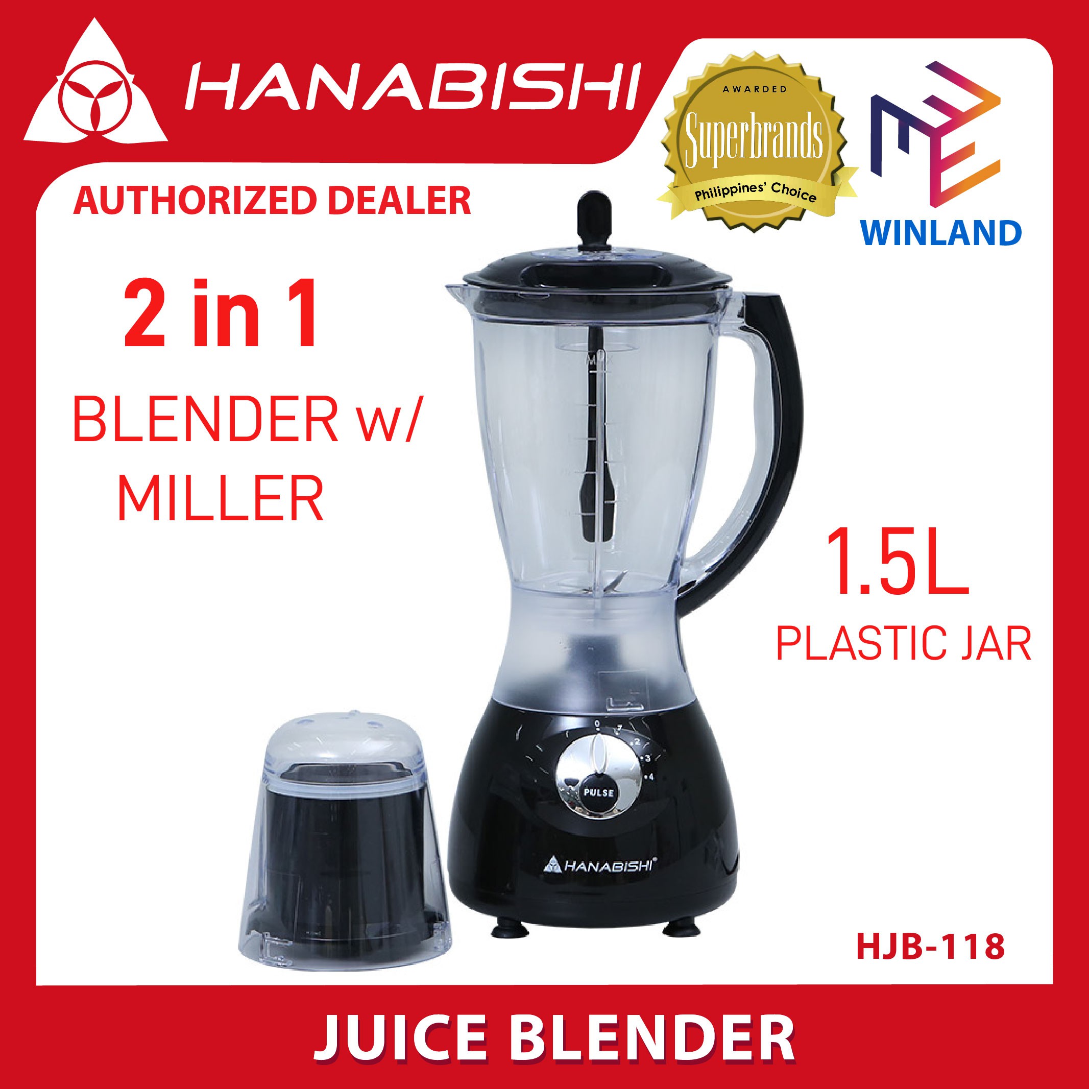 Hanabishi Original 2 in 1 Juice Blender with Miller 1.5L HJB118