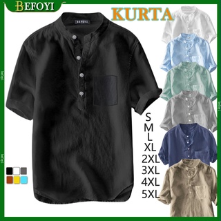 Men shirt linen casual T-shirts short sleeved plain kurta shirt smart tops plus size 5XL
