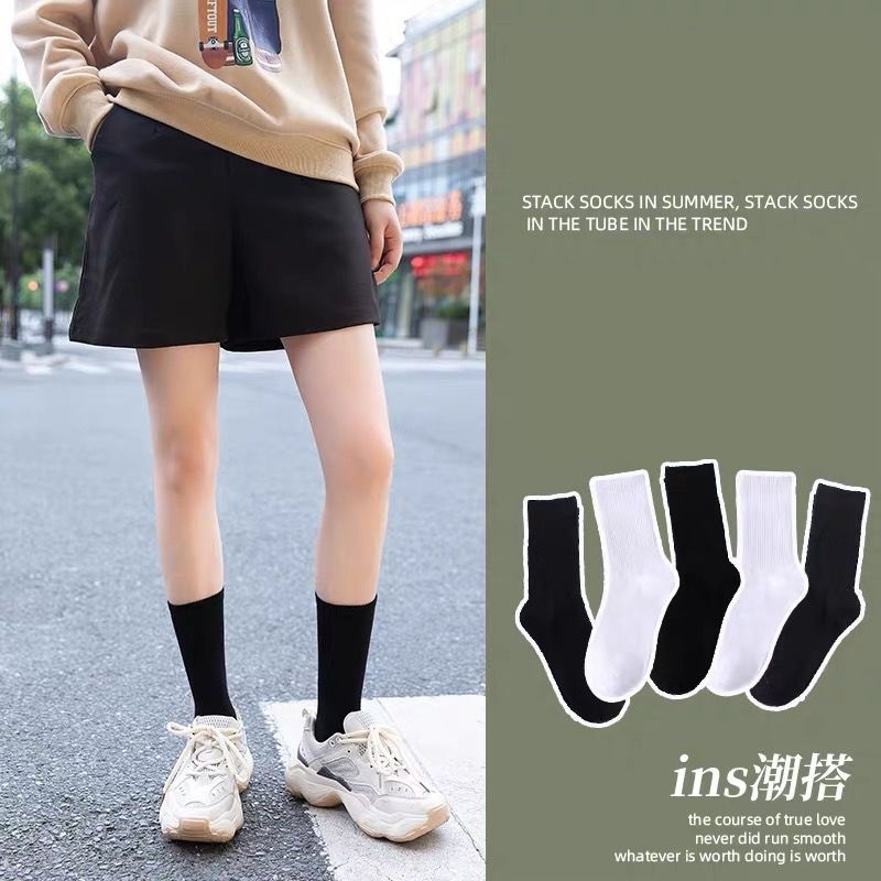 Korean Unisex 5Pairs/Pack Solid Color Socks Mid Cut Sock Baseball Foot ...