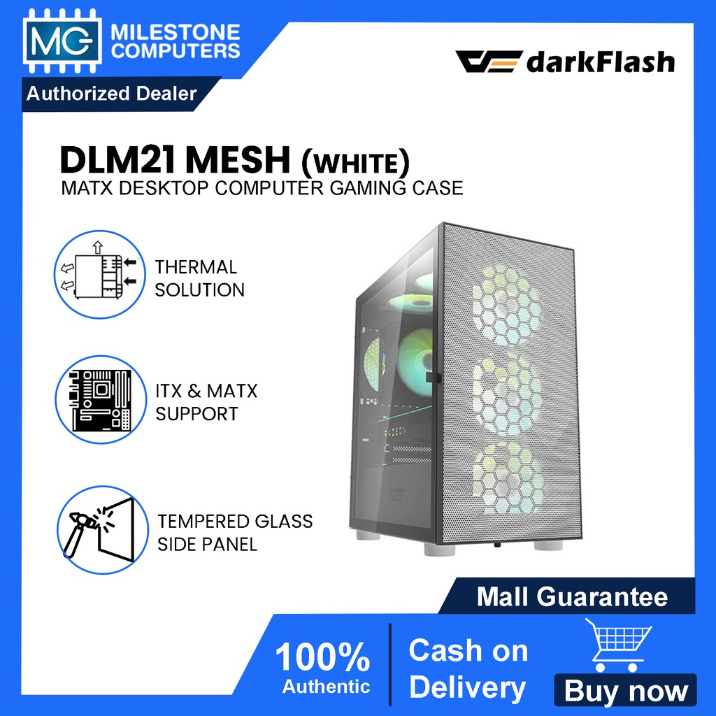 Darkflash DLM21 White Mesh MATX PC Case Mid Tower Tempered Glass Side