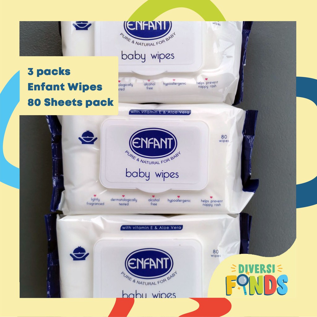 3 PACKS Enfant Authentic Baby Wipes mild scented 80 sheets/ pack
