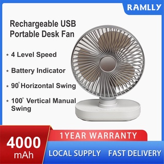 RAMLLY Rechargeable USB portable desk fan,4000mah battery, 4 speeds,90 degree swing,100 degree pivot