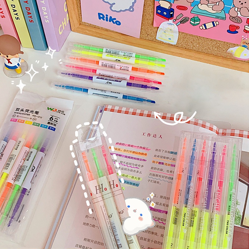 1Pack Double-ended Highlighter Student Marker Pens Multi-color Pen Drawing Writing Pen Stationery Portable