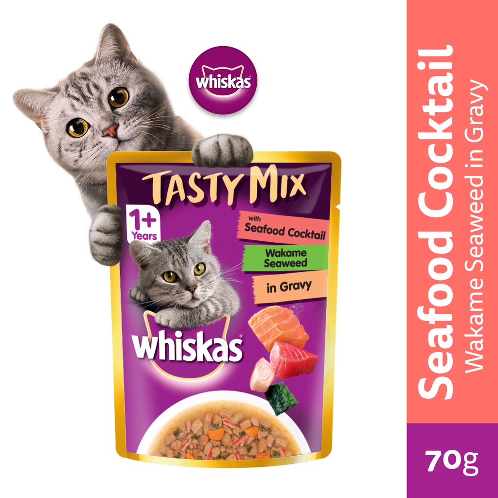 WHISKAS Tasty Mix Cat Food Wet Seafood Cocktail Wakame Seaweed in Gravy