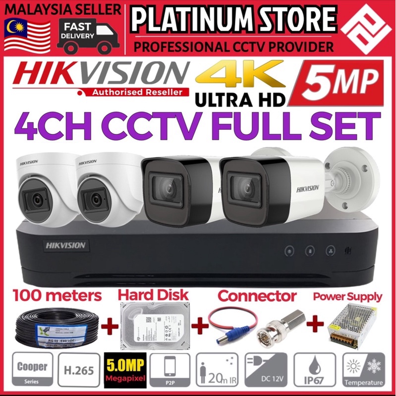 HIK HIKVISION 5MP Full Set 4CHANNEL HD 4K 1920P CCTV 4CH DVR + Camera