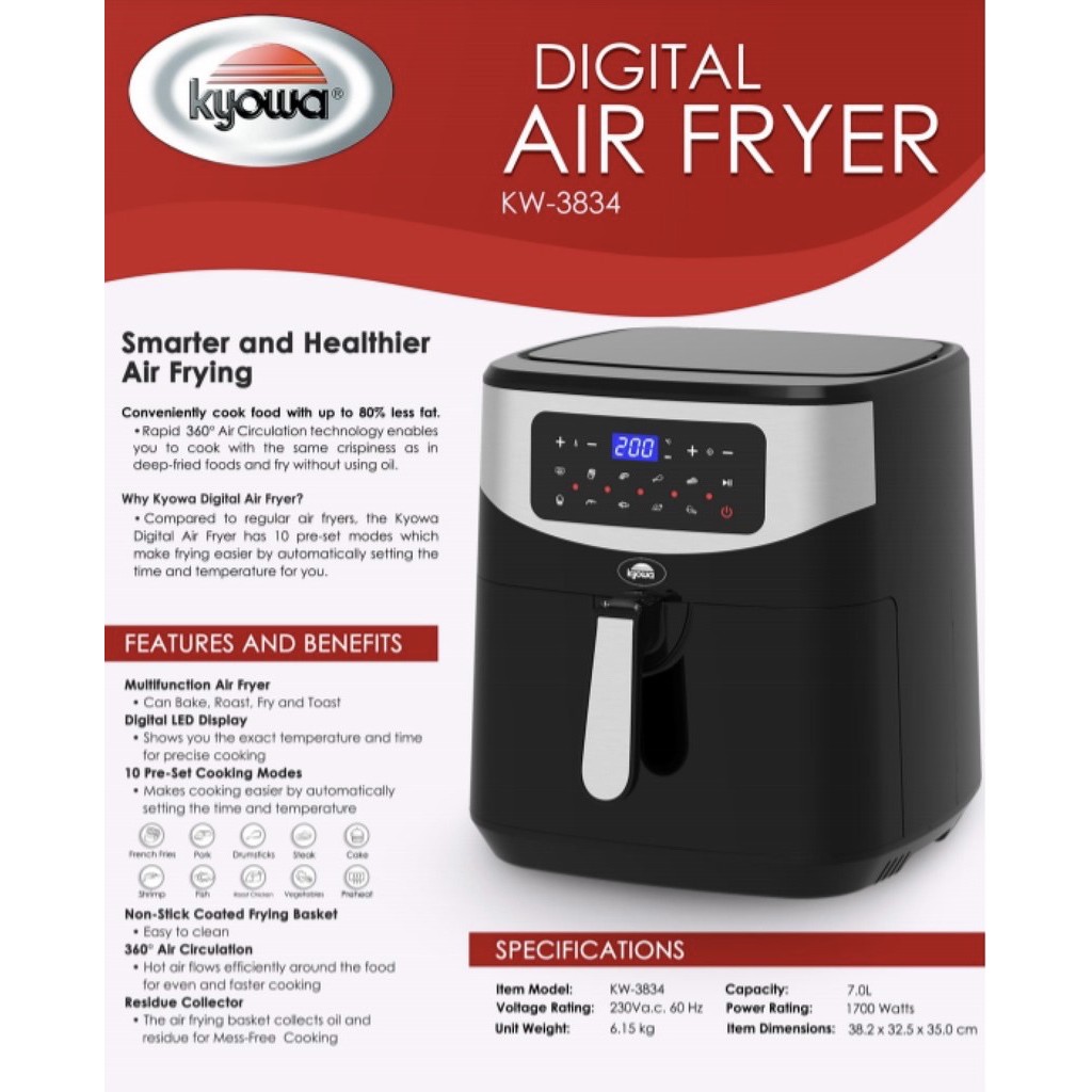 Kyowa Air Fryer 7 liters Digital with 10 pre-set modes KW-3834 black ...