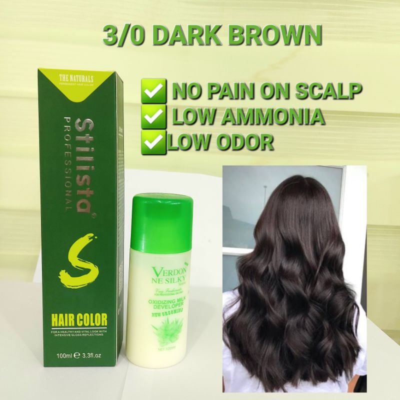 STILISTA HAIR COLORING CREAM SET, DARK BROWN 3/0 LOW AMMONIA Shopee