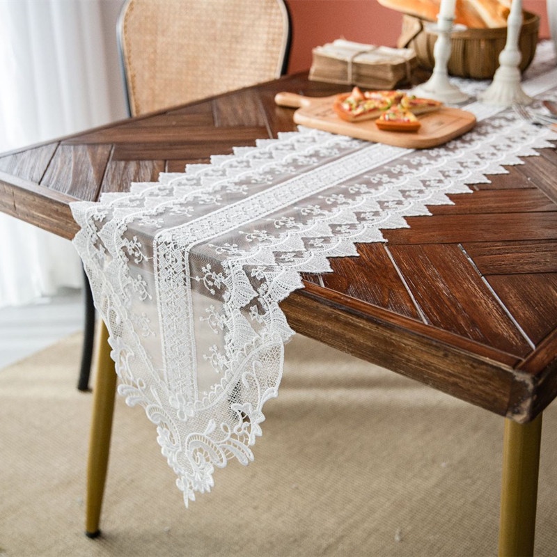 European Romantic White Embroidery Food Hall Dining Table Runner Living