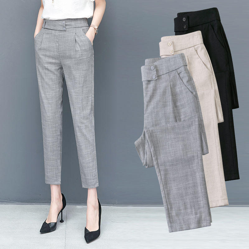 Women Formal Pants Cotton Linen Suit Pants Casual Button Harem Trousers ...