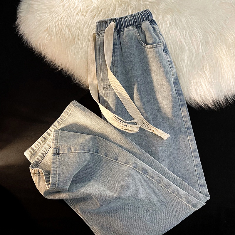 saferido Spring New Hong Kong Style Trendy Loose Wide Leg Jeans Men's Elastic Waist Drawstring Pocket Men's Trendy Casual Straight Pants