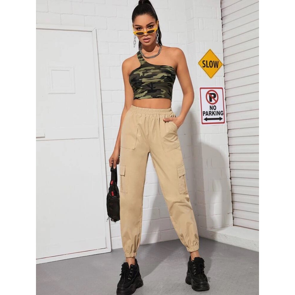 flap pocket side elastic waist cargo pants