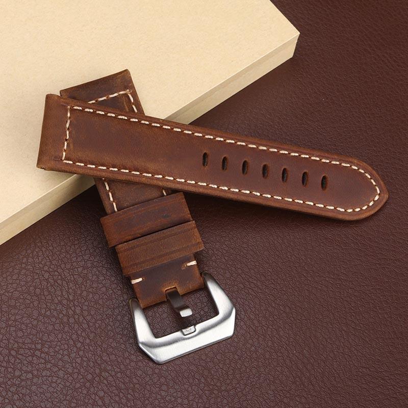 20mm 22mm 24mm 26mm Watch Band Vintage Calf Leather Band Strap Brushed Steel Buckle for Panerai Radi