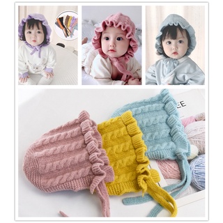 Baby Infant Girls Woolen Hat Princess Ear Protection Caps Girl Knitted Hat Toddler Solid Print Hats With Ruffle Design Casual Headwear