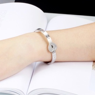 [Valentine's Day Gift] 2Pcs/Set Silver Concentric Lock Bracelet Necklace Pendant/ Titanium Steel Couples Heart Lock Bangles/ Fashion Lover's Jewelry Set Gifts #6