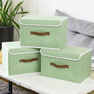 3 Pack Storage Boxes with Lids,Collapsible Linen Fabric Storage Basket Bins for Towels,Books,Toys,Clothes,Green #4