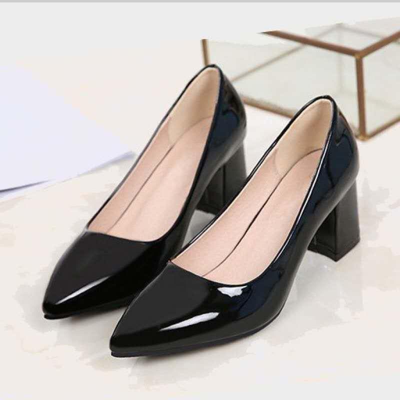 Fashion Office Formal Work Black glossy shoes Pointed toe Block Heels ...