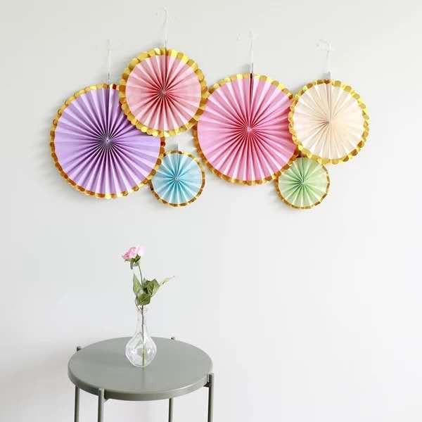 6 In 1 Mix Colours Gold Trimming Paper Fan Flower Decoration Set