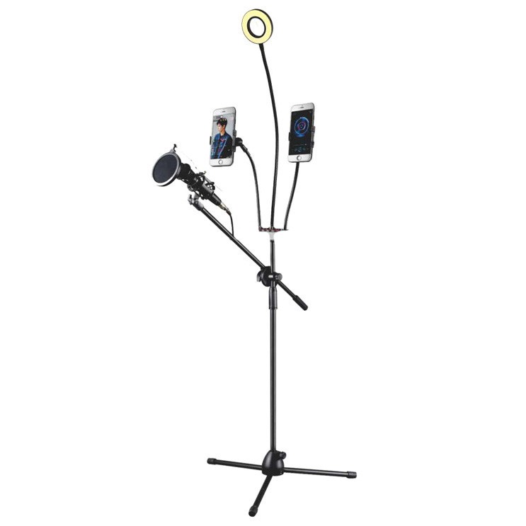 Microphone Standing Holder Tripod with 2 Smartphone Holder & Ring Light