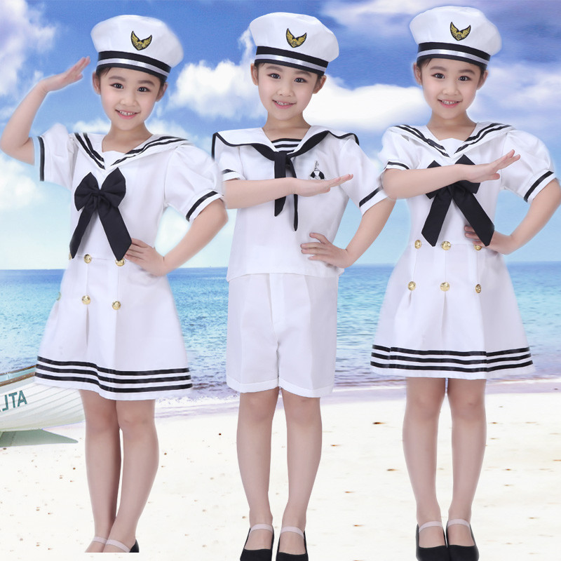 opisyal naKids White Nautical Sailor Costume Girl Sailor Dress Boys Navy Shirt Suit Set with Hat