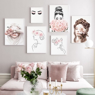 Abstract Flower Woman Face Line Pink Wall Art Canvas Nordic Posters Prints Wall Pictures For Living Room Home Decor Unframed