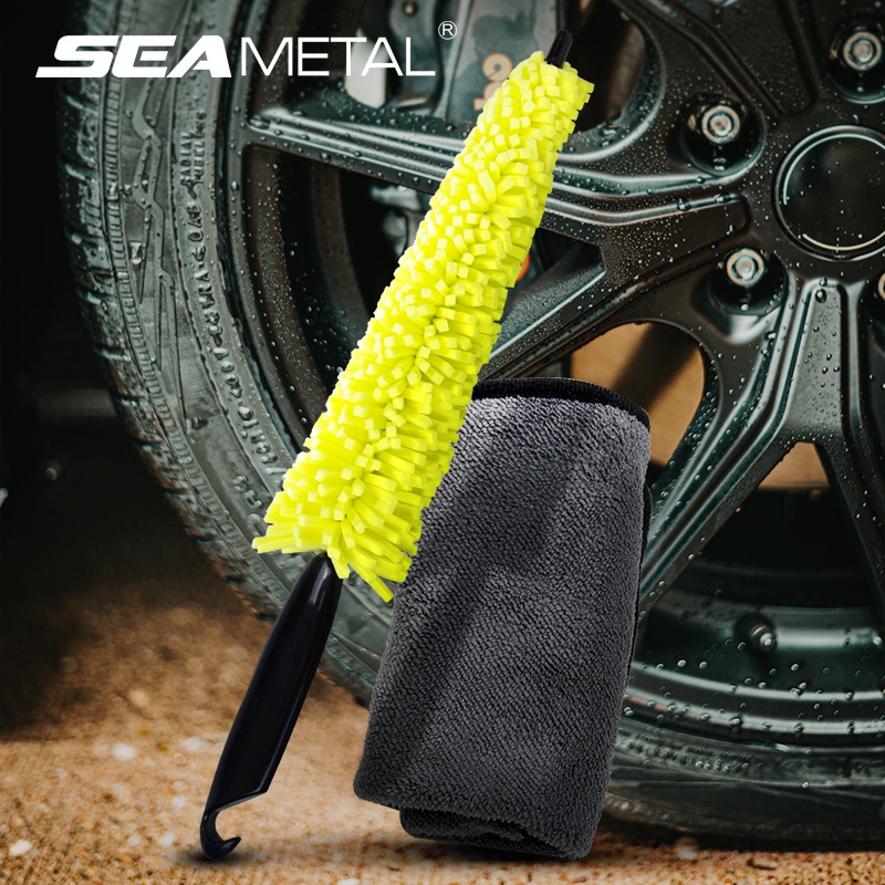 SEAMETAL Car Wheel Cleaner Brush Set Hub Sponge Cleaning Brush Towel