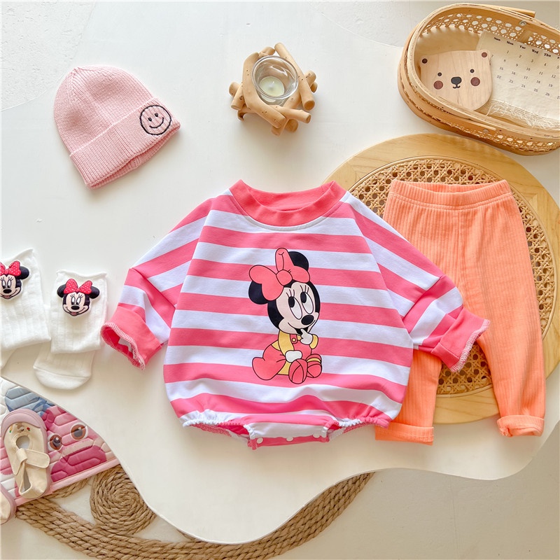 [Onhand] Autumn Summer Style Korean Version Trendy 0-2 Years Old Male Female Baby Long-Sleeved Trousers Jumpsuit Suit Striped Cartoon Minnie Mickey Print Triangle Romper