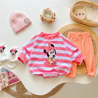 [Onhand] Autumn Summer Style Korean Version Trendy 0-2 Years Old Male Female Baby Long-Sleeved Trousers Jumpsuit Suit Striped Cartoon Minnie Mickey Print Triangle Romper #2