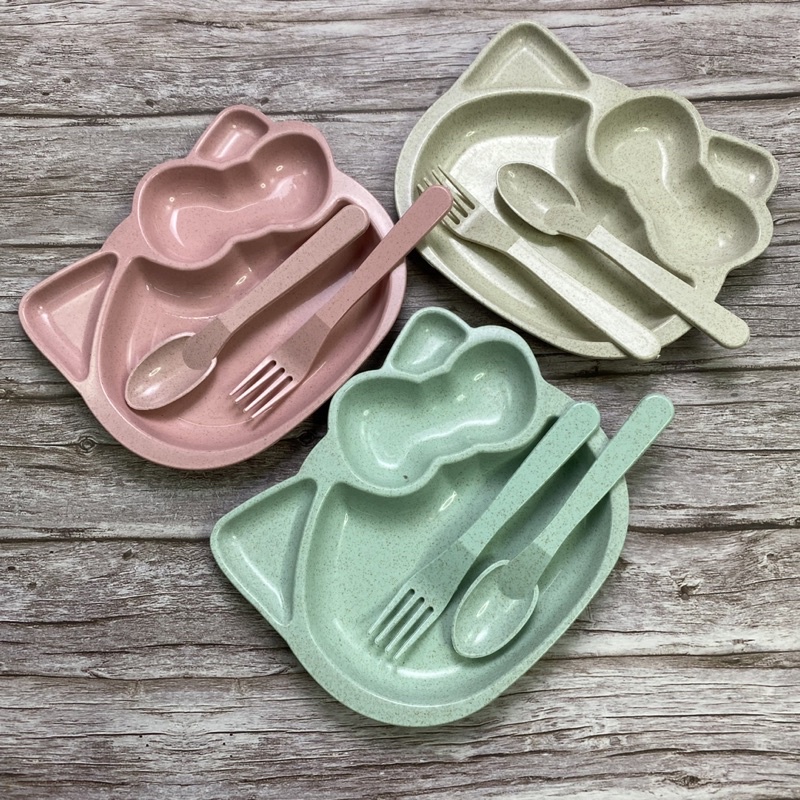 mini plate 3 Pcs per Set baby kids cute Baby Plate Spoon fork Eating Tableware Set