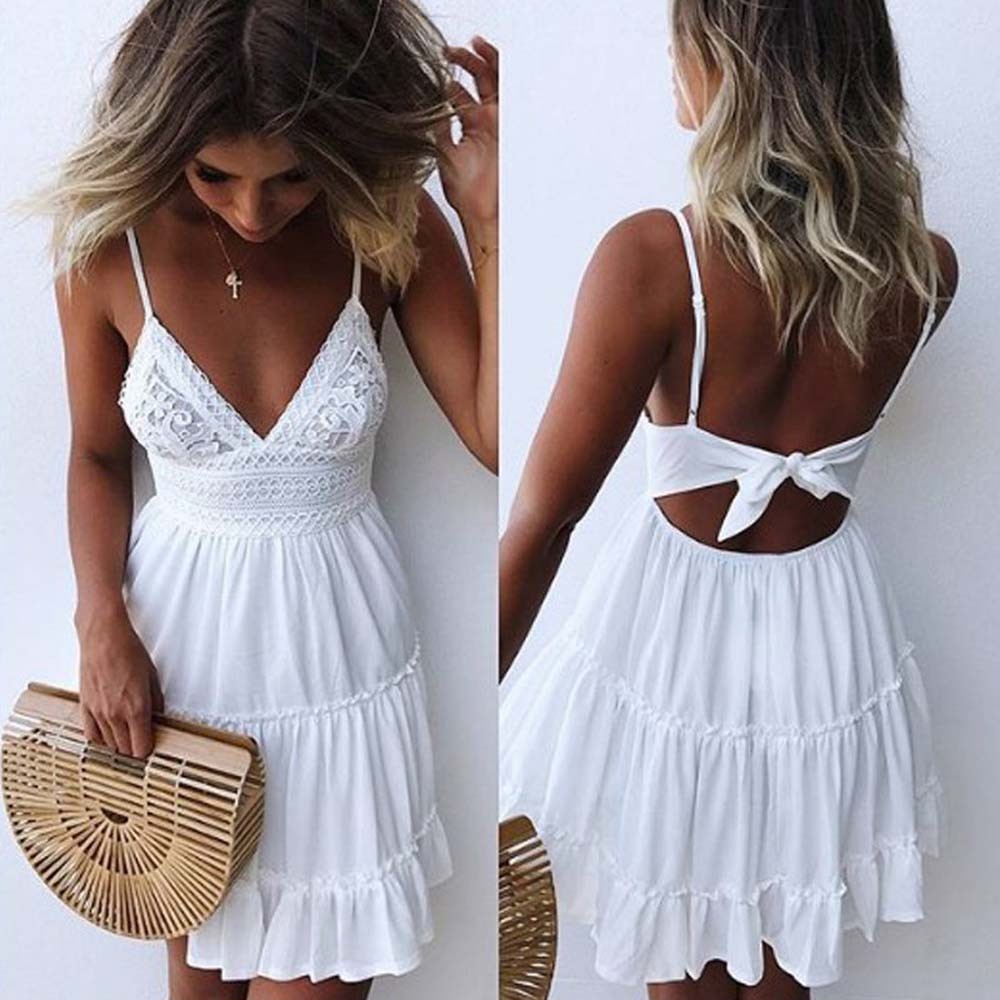Women Summer Backless Mini Dress White 