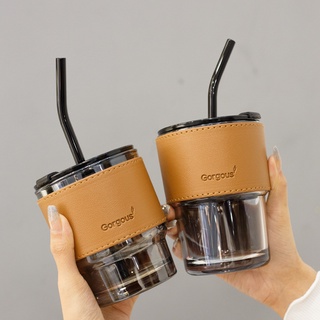 Coffee Glasses Heat Resistant Leather Cover Glass Mug Drinkware Glasses Tumbler With Lids Straw mug