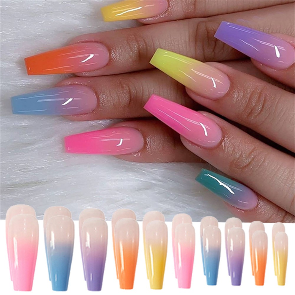 Fake Nails Free Glue】24PCS/Fake Nails Detachable Waterproof Acrylic Nails  Long Ballet Nail Art Design Fake Nails With Glue Candy Finished Nail Piece  French Tip Fake Nail Rainbow Gradual Change Coffin Nail |