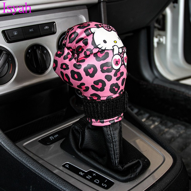 Red Carmen Genuine Leather Gear Shift Cover with Handbrake Cover Set Hello Kitty Cute Cartoon Four Seasons Universal Auto Interior Accessories Decoration 