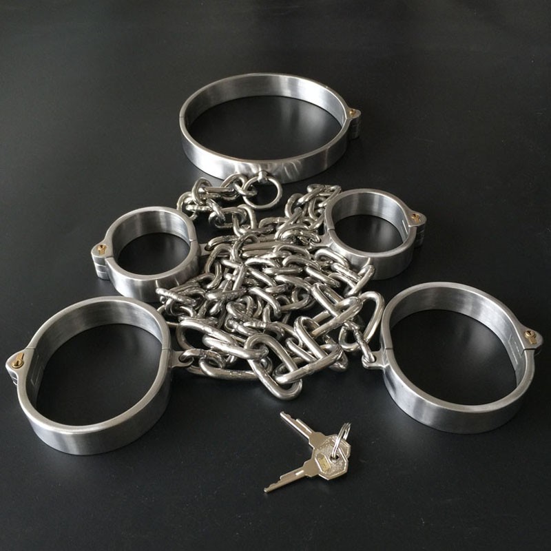 Stainless Steel Neck Collar Handcuffs Hand Ankle Cuffs Metal Bondage Tools Set