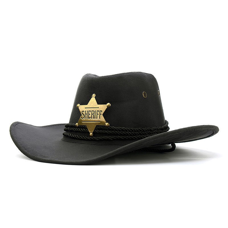 ▽▥Western Cowboy Hat Retro Sheriff S Badge Horseba Travel Fishing Sunshade Sun Belt Wind Rope Topi