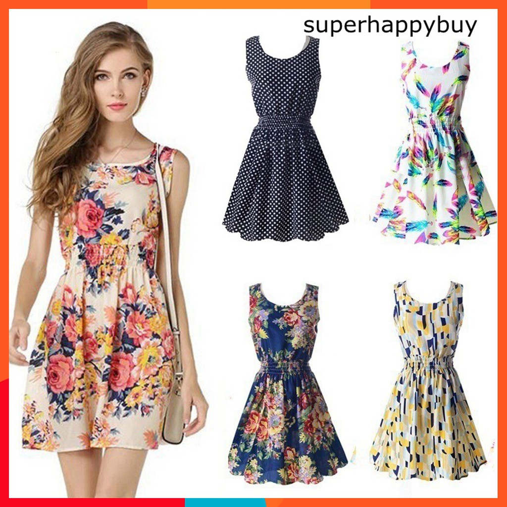 Women Sleeveless Fashion Sexy Casual Slim Floral Dress  