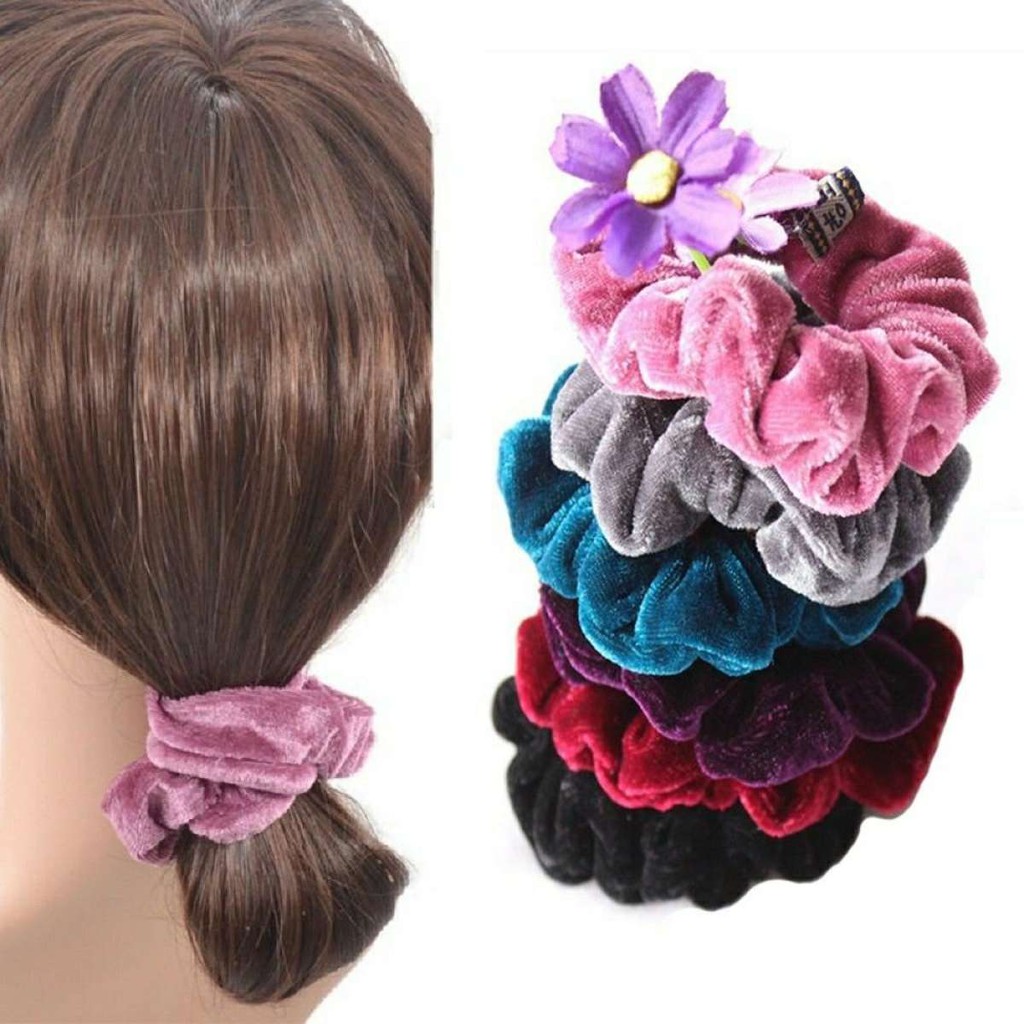 Set Of 12 Pcs Multicolor Hair Scrunchies Velvet Bobbles Elastic