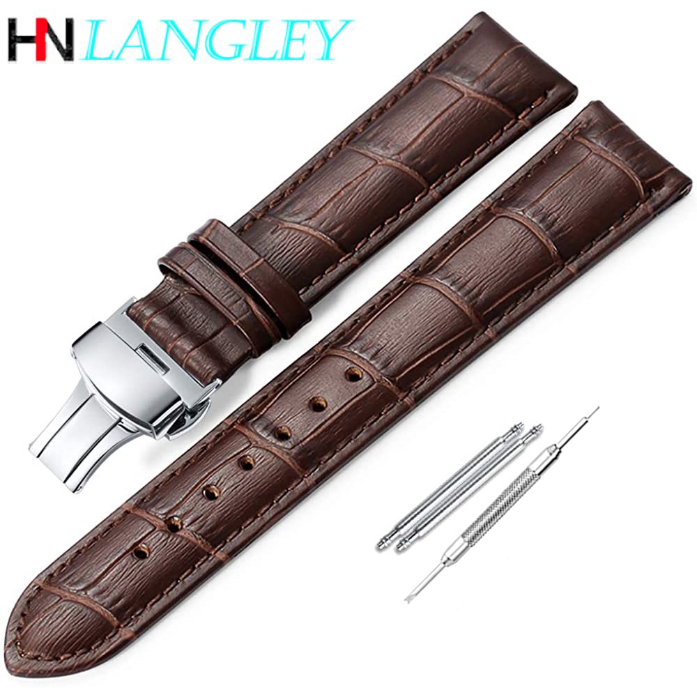 16 18 19 20 21 22mm Genuine Leather Watch Band Calfskin Replacement Strap Stainless Steel Buckle Bracelet Wristband Men Women