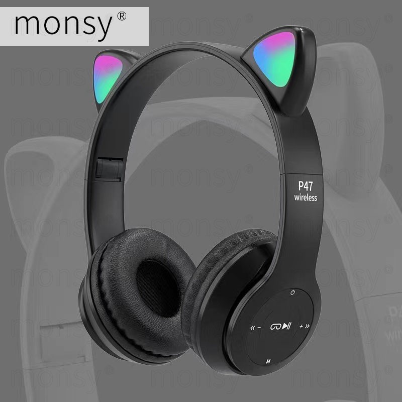 2022 new P47M LED light Cute Cat Ear Wireless Headphone w/ Mic Kid Girl