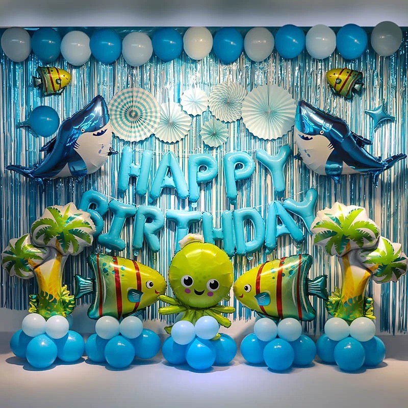 Set of birthday decorations with blue ocean theme and fishes | Shopee ...