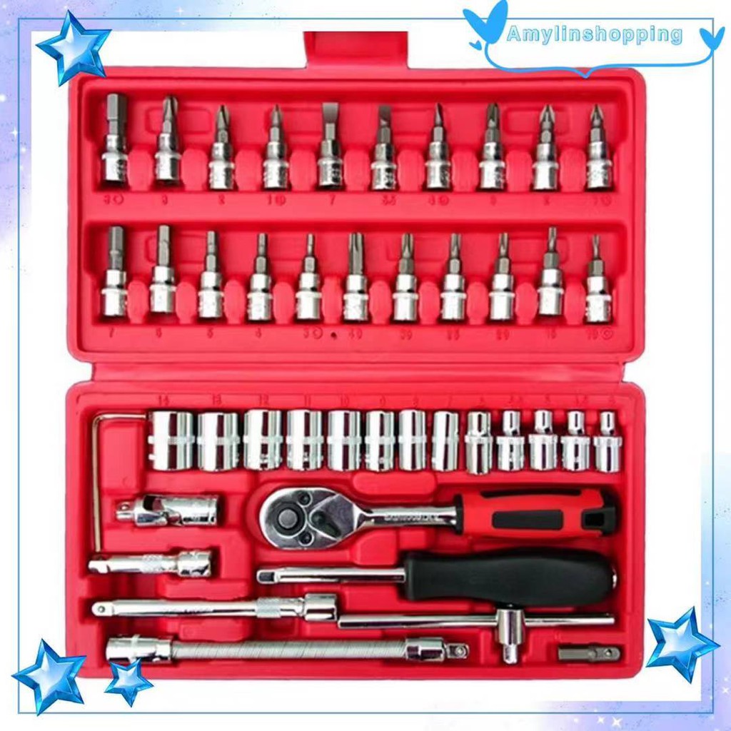 COD 46pcs Tool Box Car Motorcycle Repair Set Hand Tools Home Service motor DIY Kit Shopee