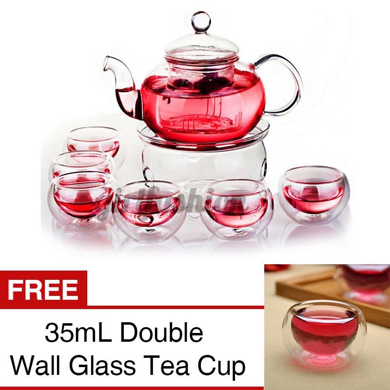 6 Glasses 1 Glass Teapot Clear Glass Tea Set with Teapot Warmer Tea Pot Warmer 1 Wooden Tray 