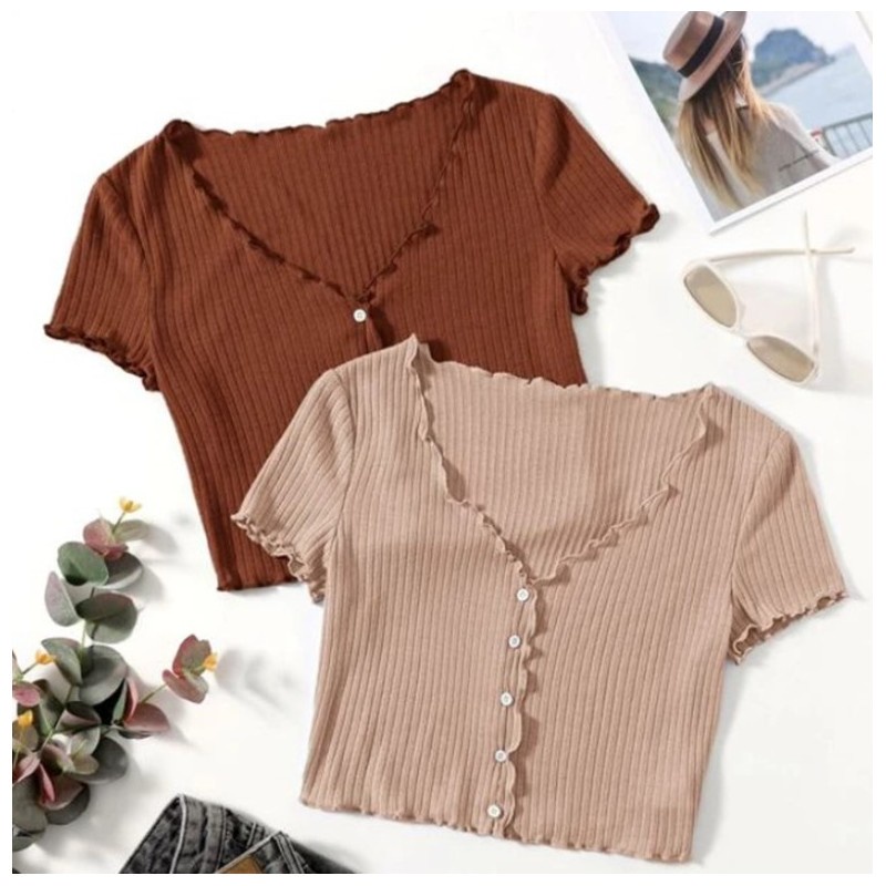 Ss Timi Button Lettuce Tops Trim Waffle Cotton Knit Crop Top Wt0175