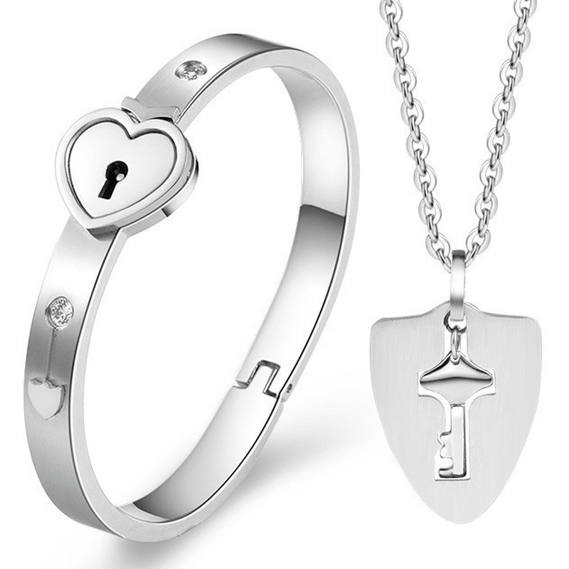 [Valentine's Day Gift] 2Pcs/Set Silver Concentric Lock Bracelet Necklace Pendant/ Titanium Steel Couples Heart Lock Bangles/ Fashion Lover's Jewelry Set Gifts