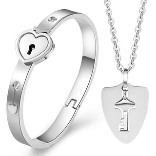 [Valentine's Day Gift] 2Pcs/Set Silver Concentric Lock Bracelet Necklace Pendant/ Titanium Steel Couples Heart Lock Bangles/ Fashion Lover's Jewelry Set Gifts #1