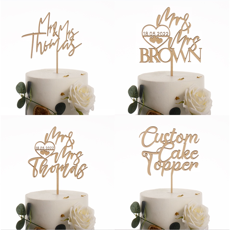 Personalized Wood Wedding Cake Toppers Mr&Mrs Custom Name and Age Happy